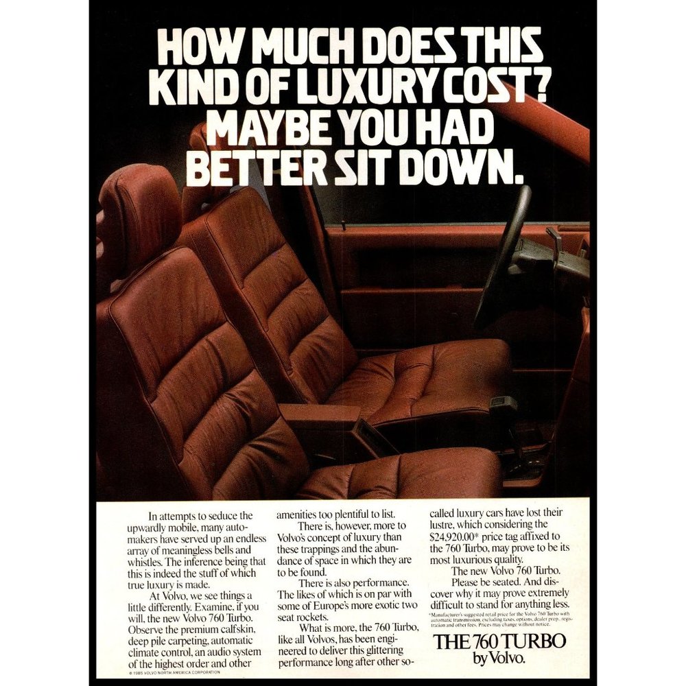 1985 Volvo 760 Turbo Sedan Vintage Print Ad Interior Design Leather Wall Art